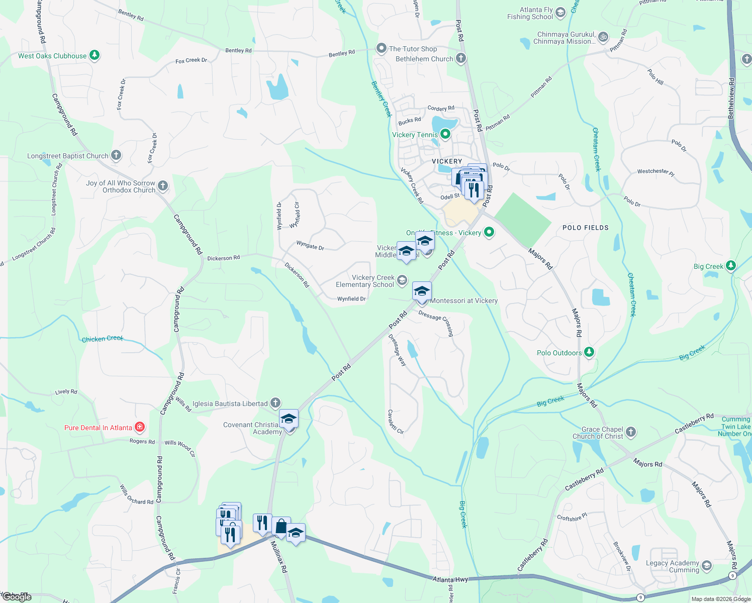 map of restaurants, bars, coffee shops, grocery stores, and more near 7420 Wynfield Drive in Cumming