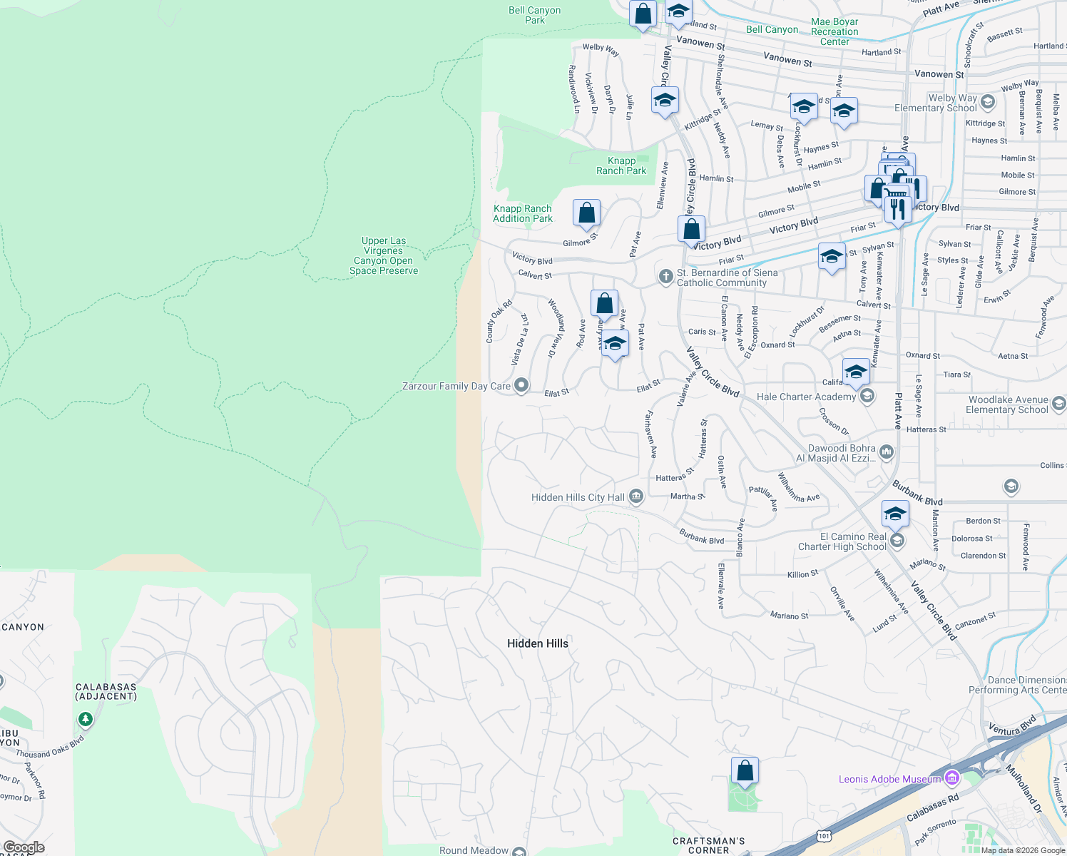map of restaurants, bars, coffee shops, grocery stores, and more near 6005 William Bent Road in Hidden Hills