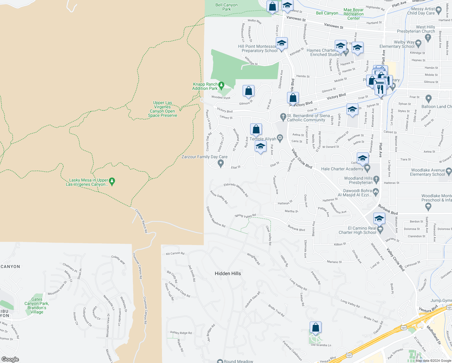 map of restaurants, bars, coffee shops, grocery stores, and more near 6005 William Bent Road in Hidden Hills