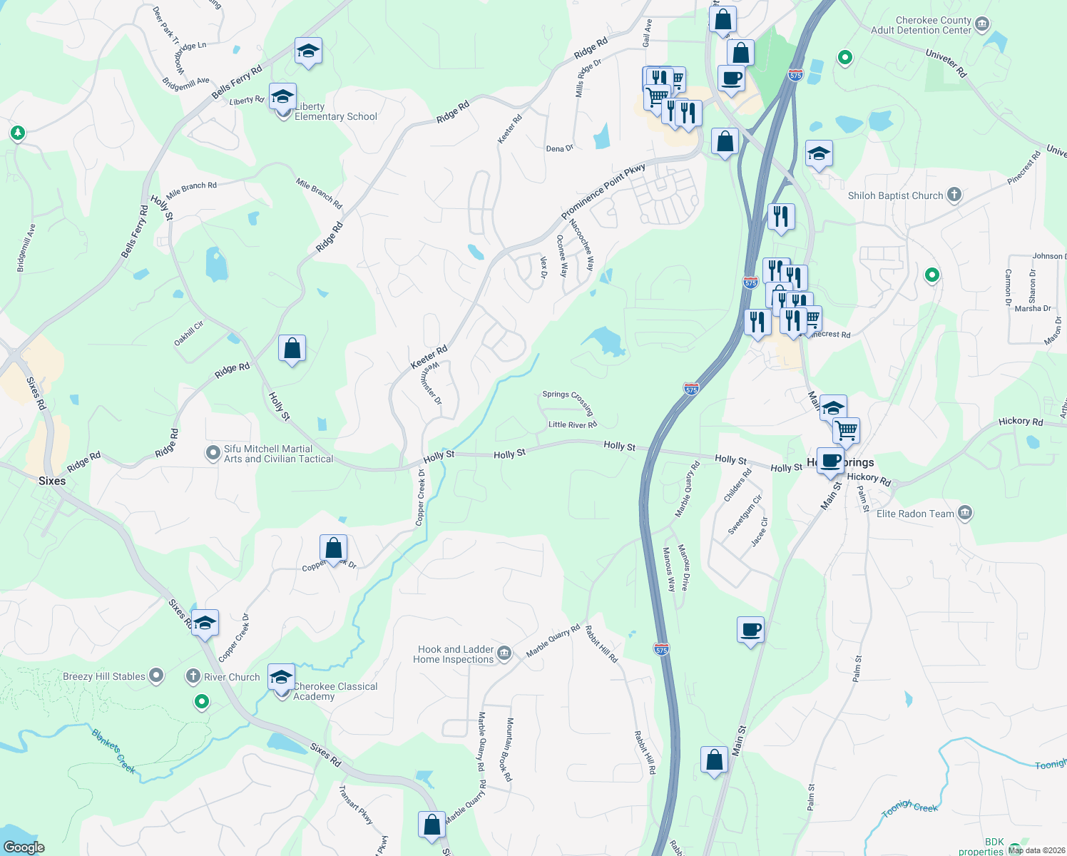 map of restaurants, bars, coffee shops, grocery stores, and more near 267 Springs Crossing in Canton