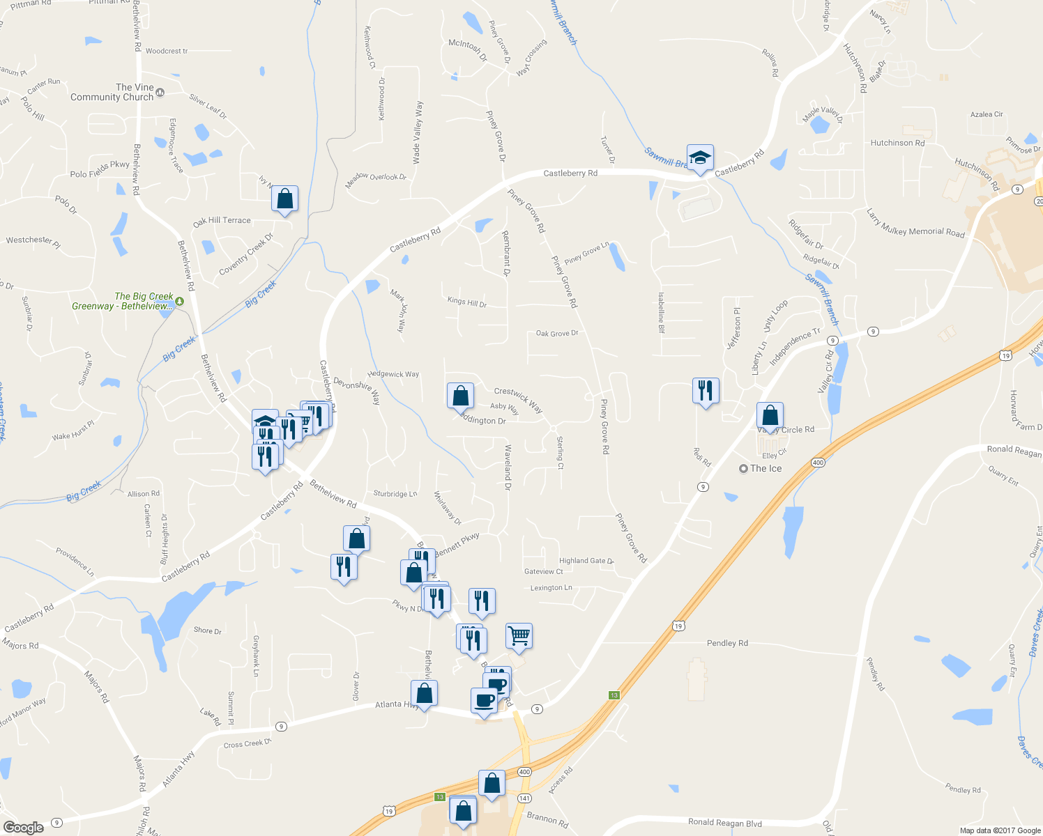map of restaurants, bars, coffee shops, grocery stores, and more near 5620 Weddington Drive in Cumming