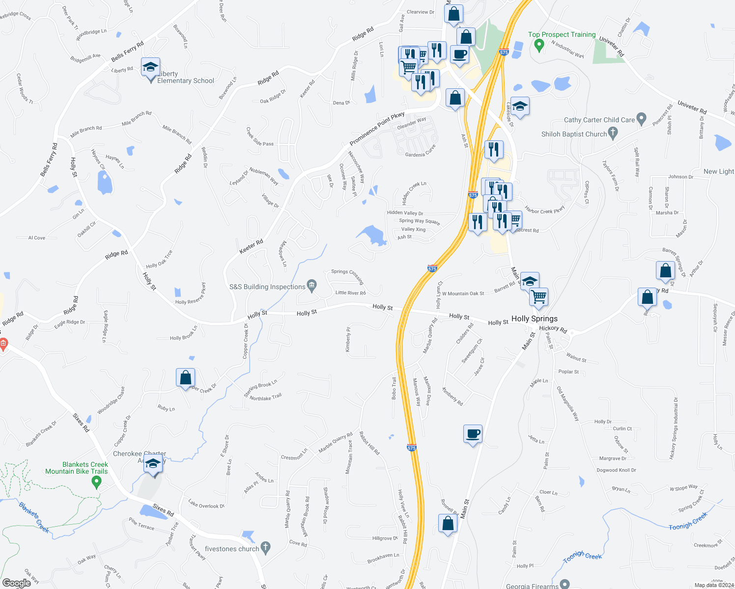 map of restaurants, bars, coffee shops, grocery stores, and more near 292 Springs Crossing in Canton