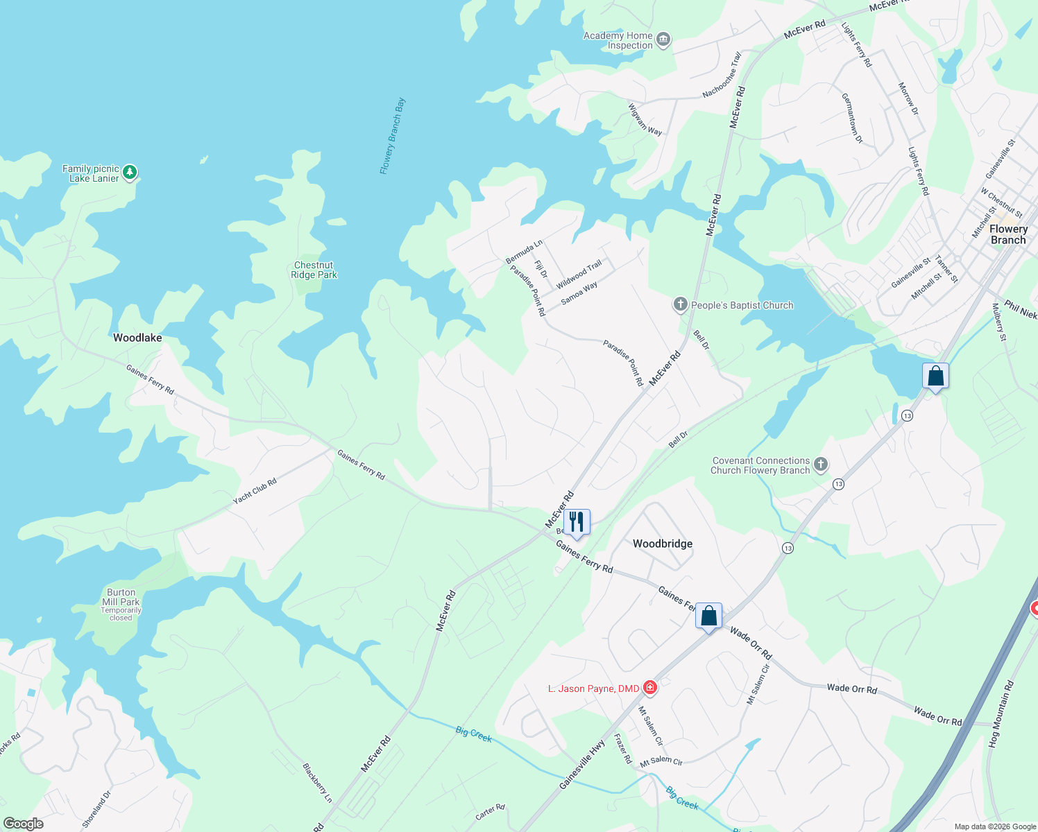 map of restaurants, bars, coffee shops, grocery stores, and more near 6339 Green Oak Ridge in Flowery Branch