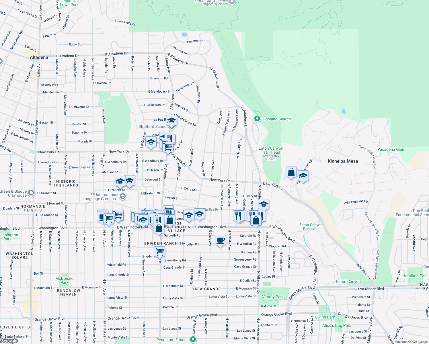 map of restaurants, bars, coffee shops, grocery stores, and more near 1736 North Craig Avenue in Altadena