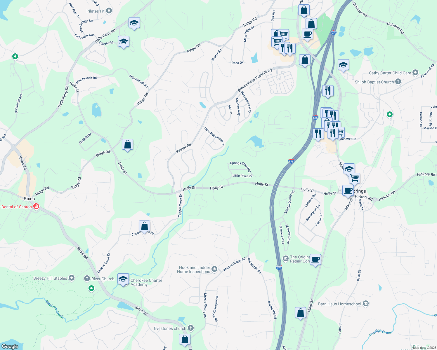 map of restaurants, bars, coffee shops, grocery stores, and more near 230 Springs Crossing in Canton