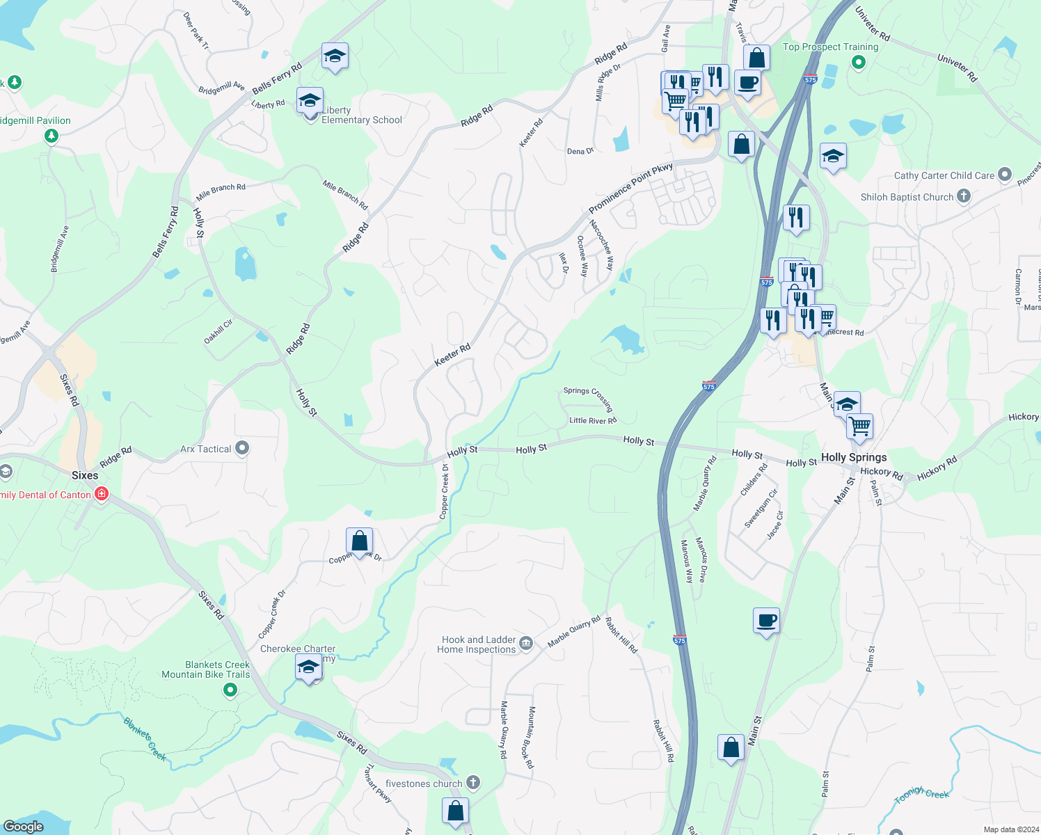 map of restaurants, bars, coffee shops, grocery stores, and more near 237 Springs Crossing in Canton