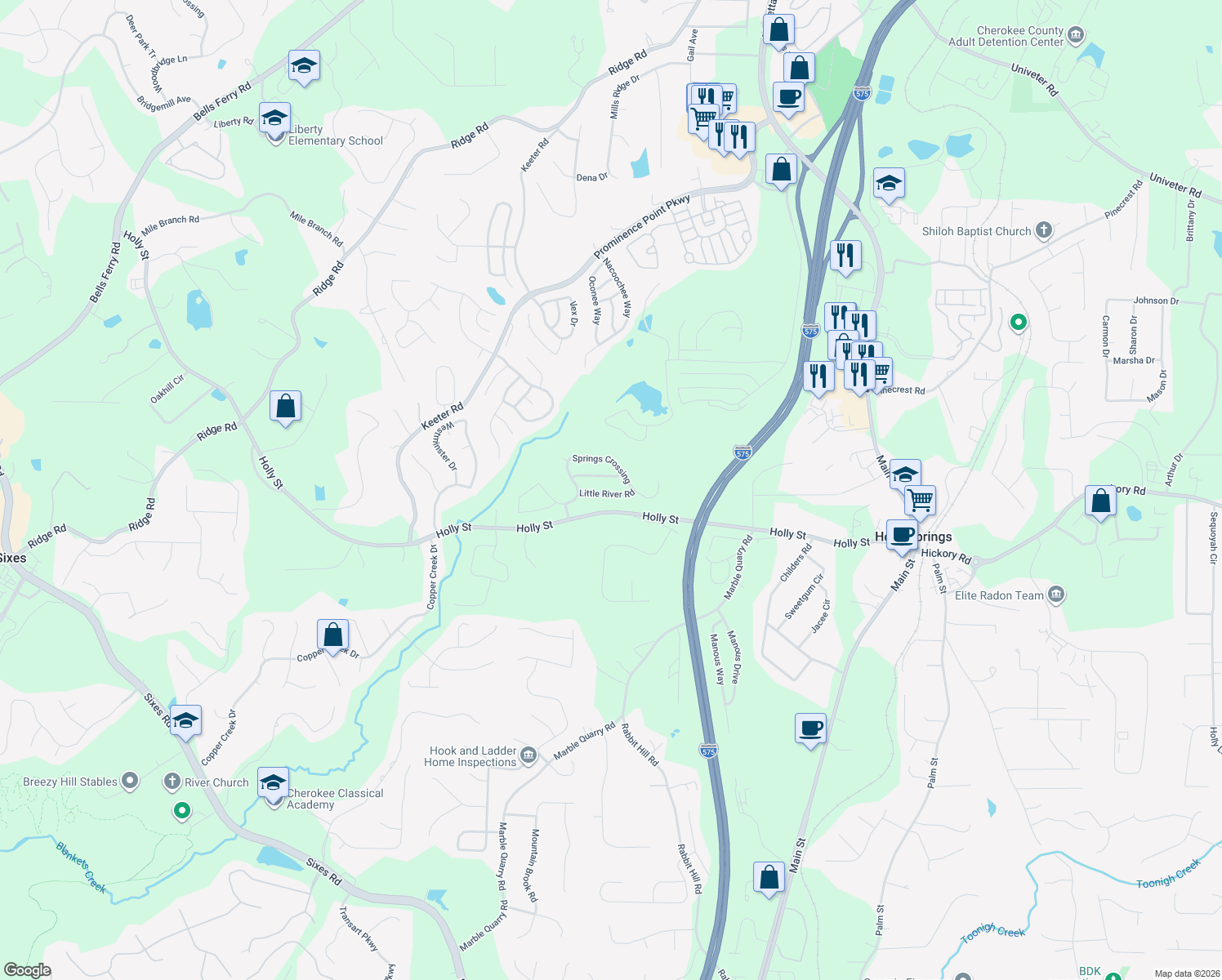 map of restaurants, bars, coffee shops, grocery stores, and more near 417 Little River Road in Canton
