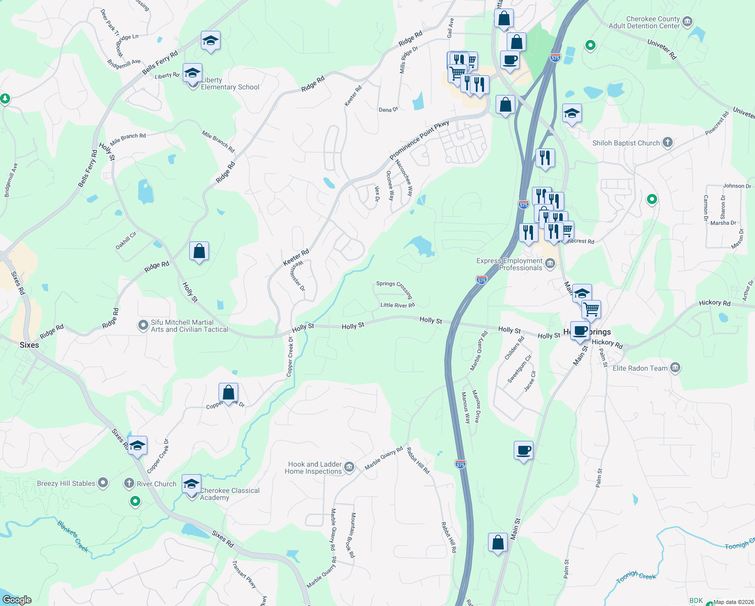 map of restaurants, bars, coffee shops, grocery stores, and more near 275 Springs Crossing in Canton