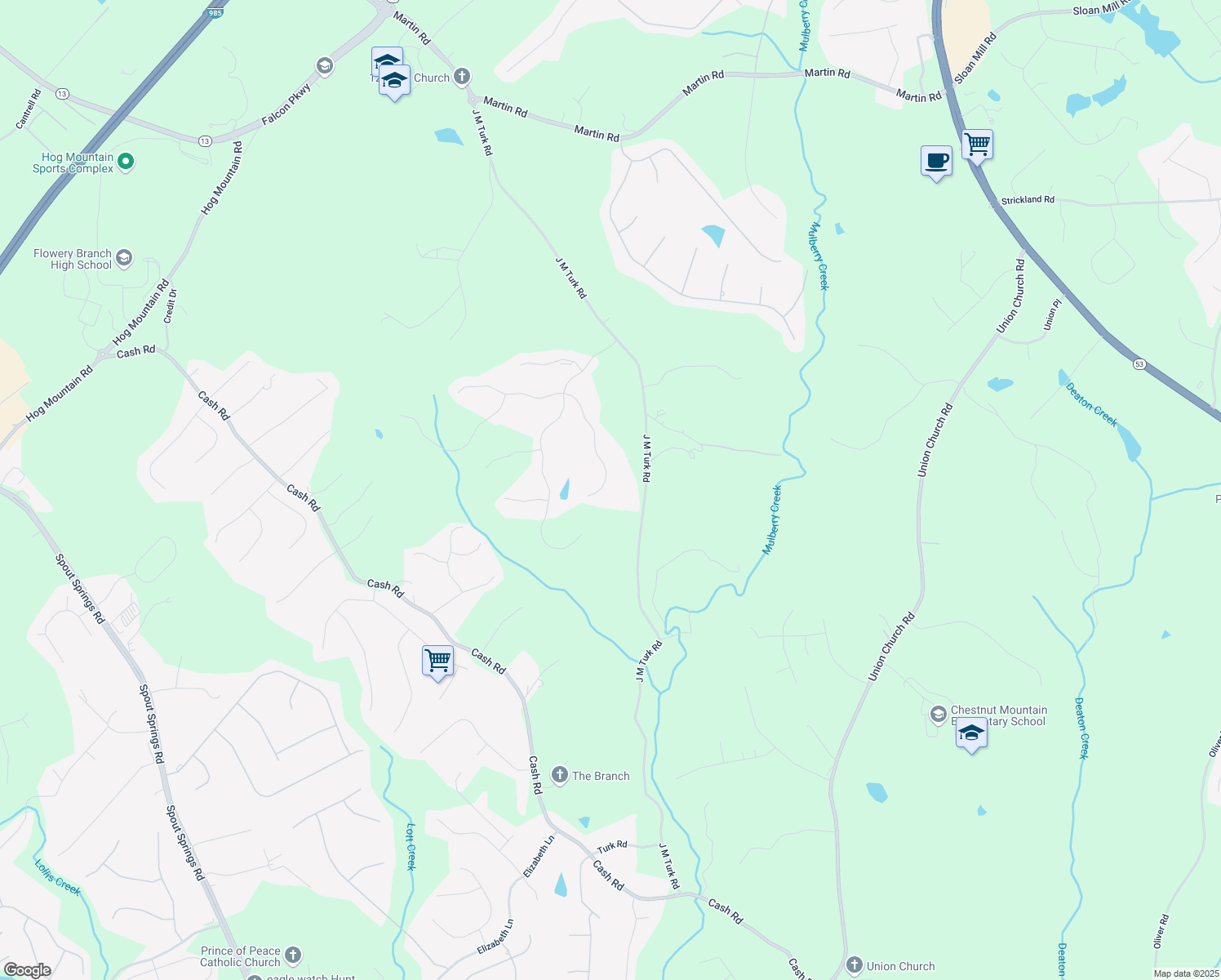 map of restaurants, bars, coffee shops, grocery stores, and more near 4647 Cardinal Ridge Way in Flowery Branch