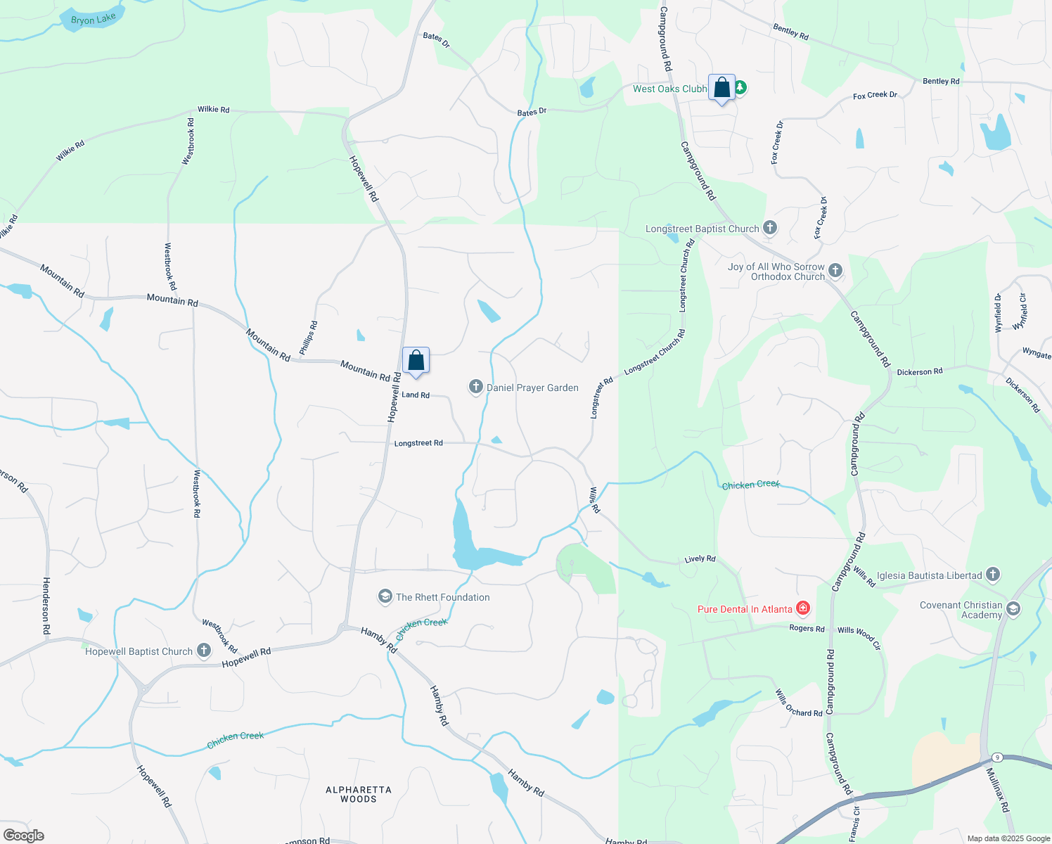 map of restaurants, bars, coffee shops, grocery stores, and more near 16143 Belford Drive in Alpharetta