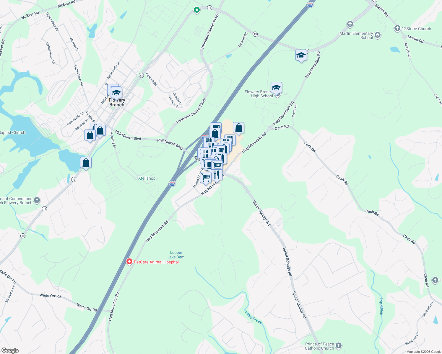 map of restaurants, bars, coffee shops, grocery stores, and more near 4865 Hog Mountain Road in Flowery Branch