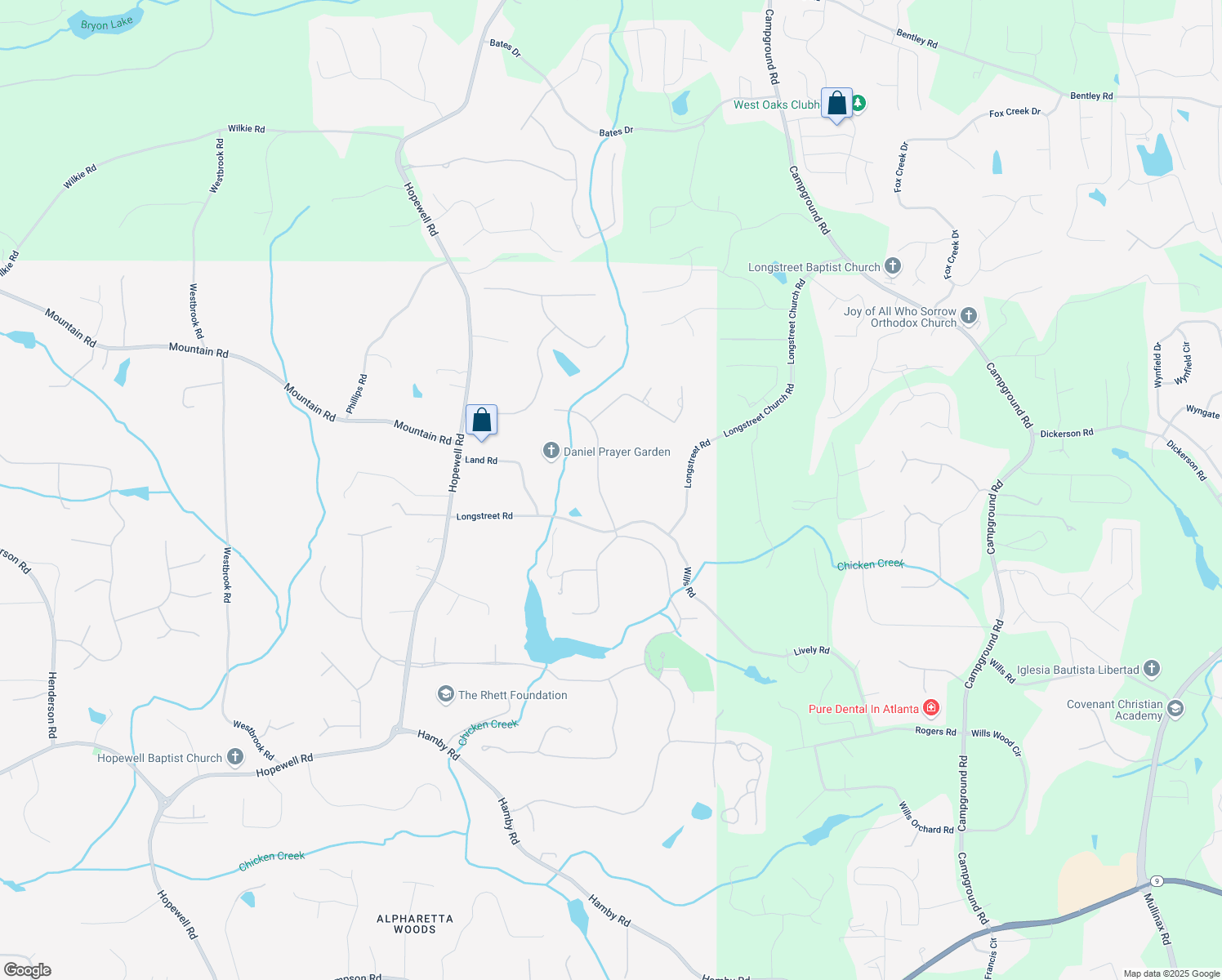 map of restaurants, bars, coffee shops, grocery stores, and more near 16143 Belford Drive in Alpharetta