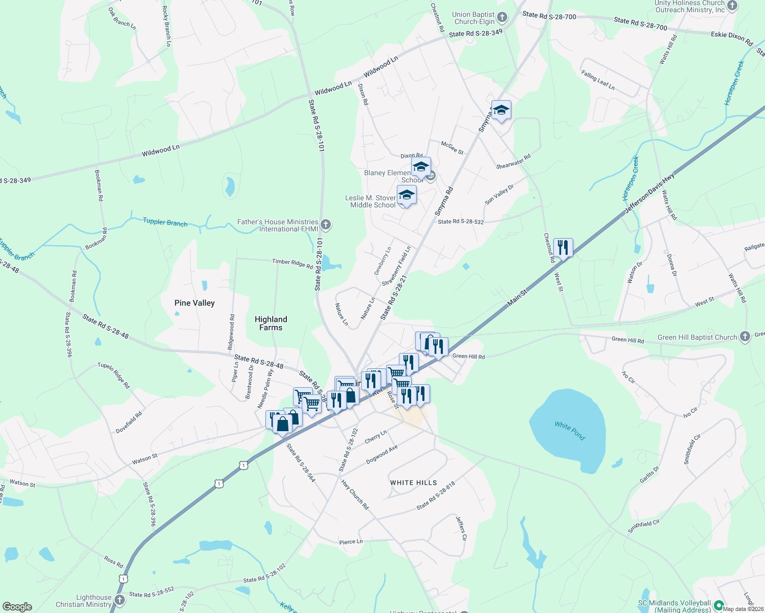 map of restaurants, bars, coffee shops, grocery stores, and more near 3 Nature Lane in Elgin