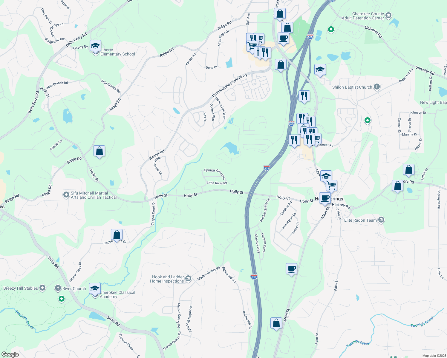 map of restaurants, bars, coffee shops, grocery stores, and more near 280 Springs Crossing in Canton