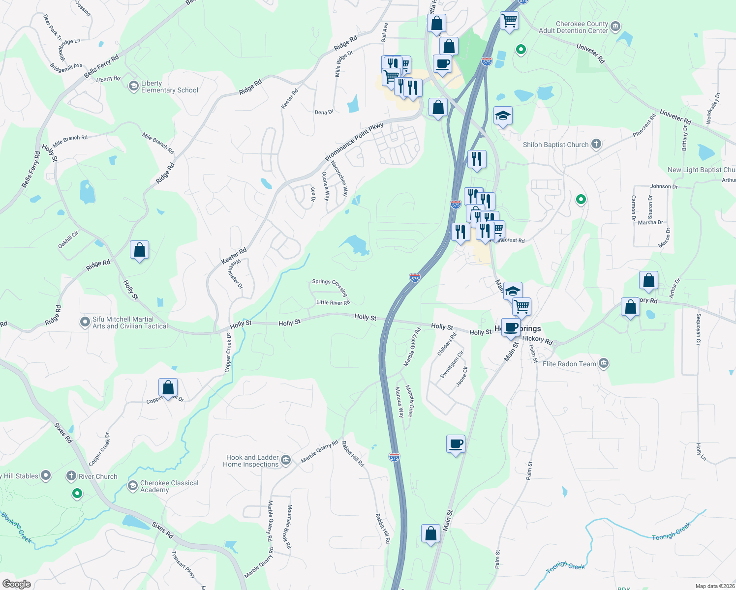 map of restaurants, bars, coffee shops, grocery stores, and more near 312 Springs Crossing in Canton