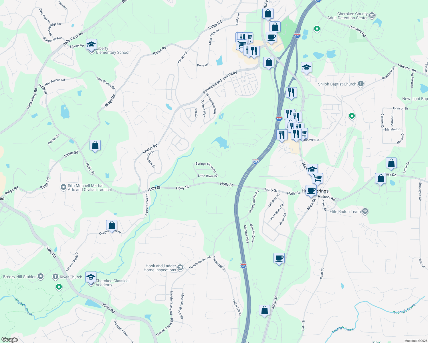 map of restaurants, bars, coffee shops, grocery stores, and more near 280 Springs Crossing in Canton