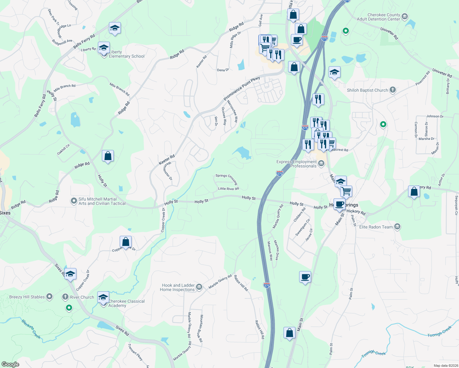 map of restaurants, bars, coffee shops, grocery stores, and more near 415 Little River Road in Canton