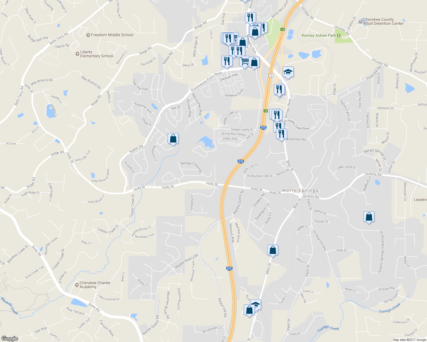 map of restaurants, bars, coffee shops, grocery stores, and more near 312 Springs Crossing in Canton