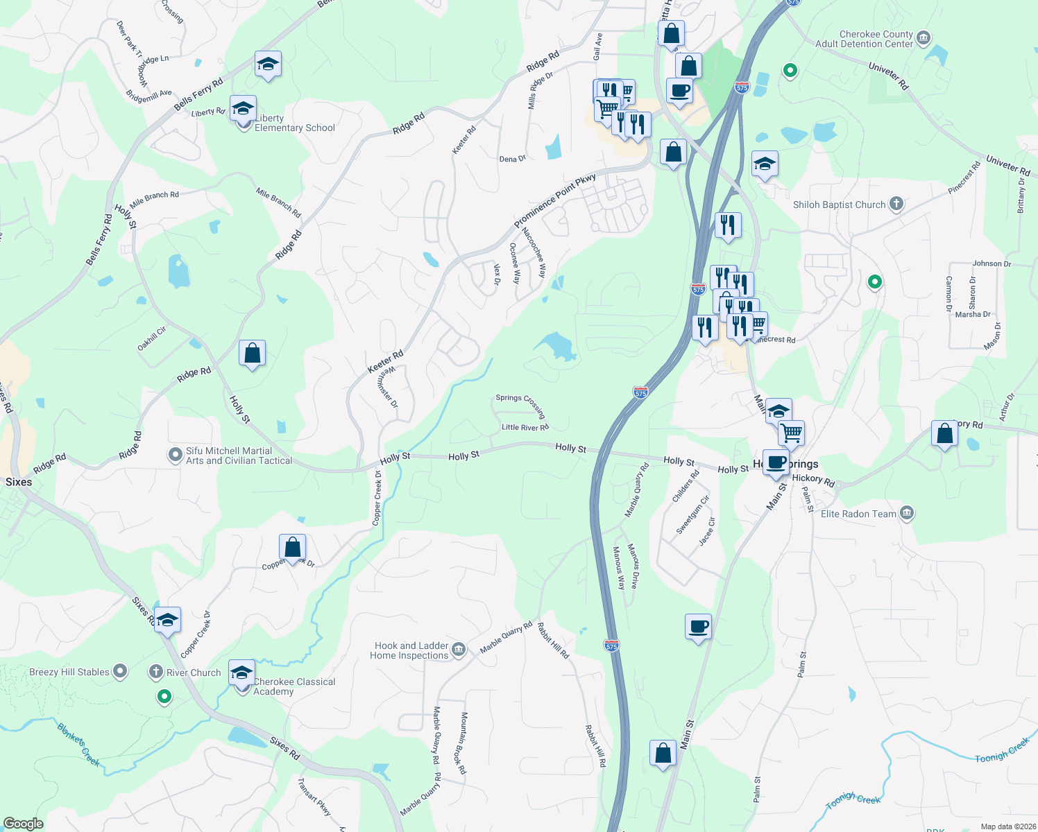 map of restaurants, bars, coffee shops, grocery stores, and more near 512 Waterfall Drive in Canton
