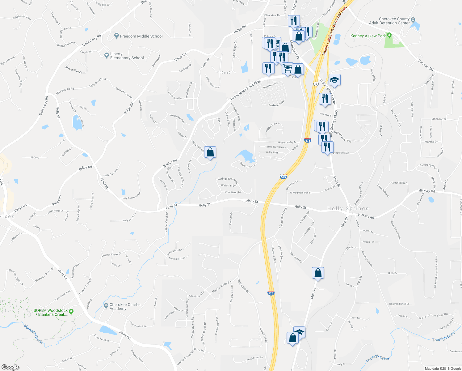 map of restaurants, bars, coffee shops, grocery stores, and more near 519 Waterfall Drive in Canton