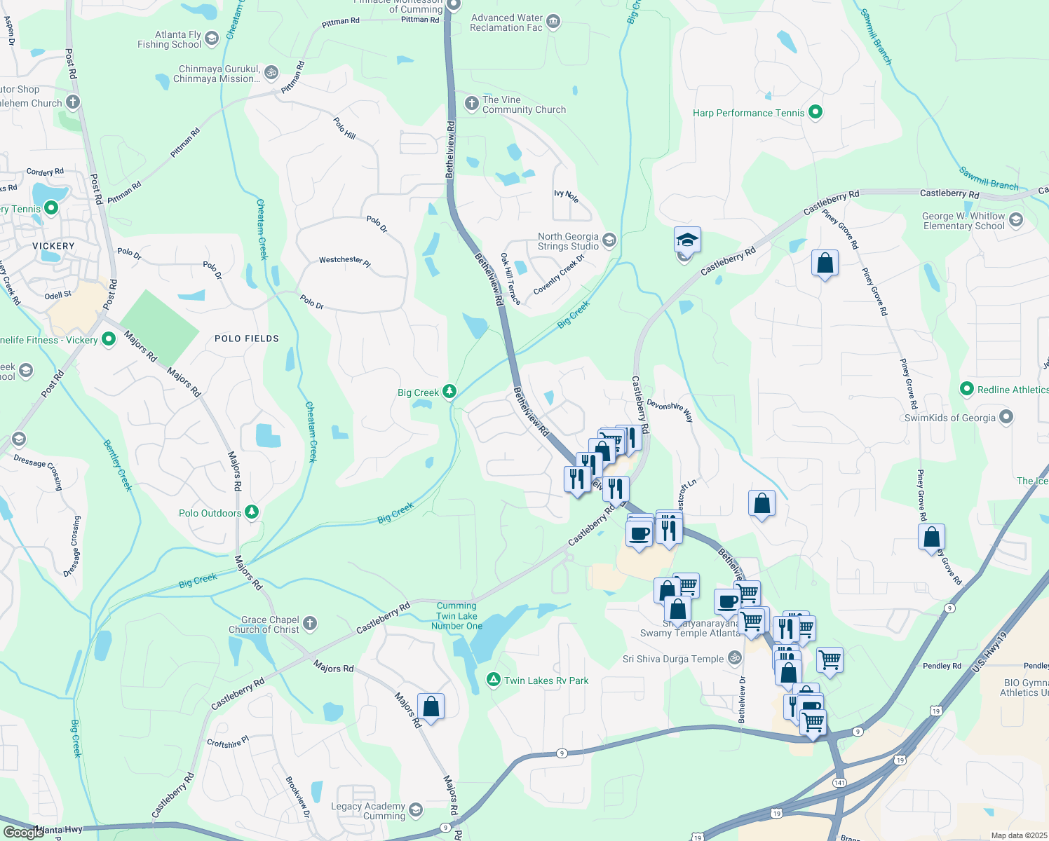 map of restaurants, bars, coffee shops, grocery stores, and more near 6035 Beaver Ridge Drive in Cumming