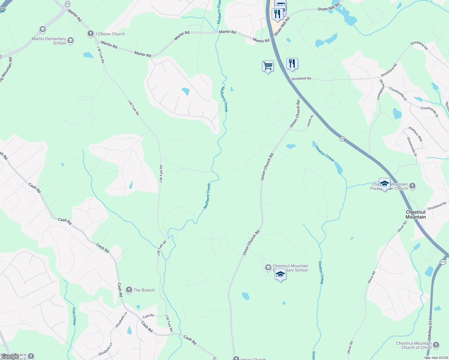 map of restaurants, bars, coffee shops, grocery stores, and more near 4721 Steeplechase Lane in Flowery Branch