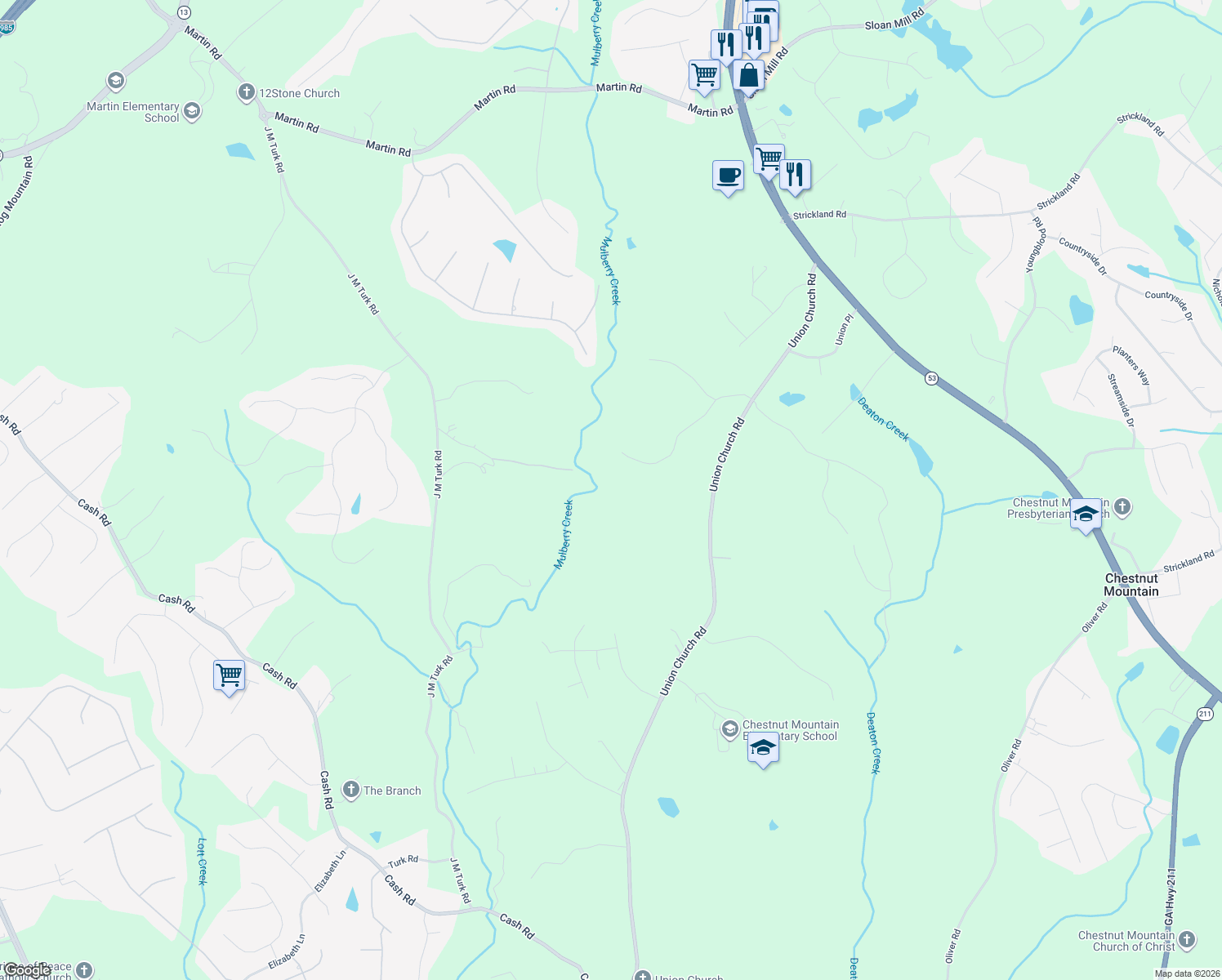 map of restaurants, bars, coffee shops, grocery stores, and more near 4721 Steeplechase Lane in Flowery Branch