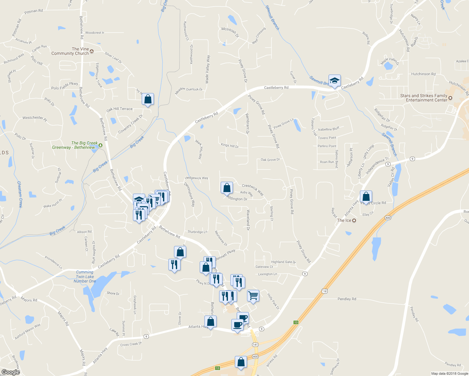 map of restaurants, bars, coffee shops, grocery stores, and more near 5950 Asby Way in Cumming