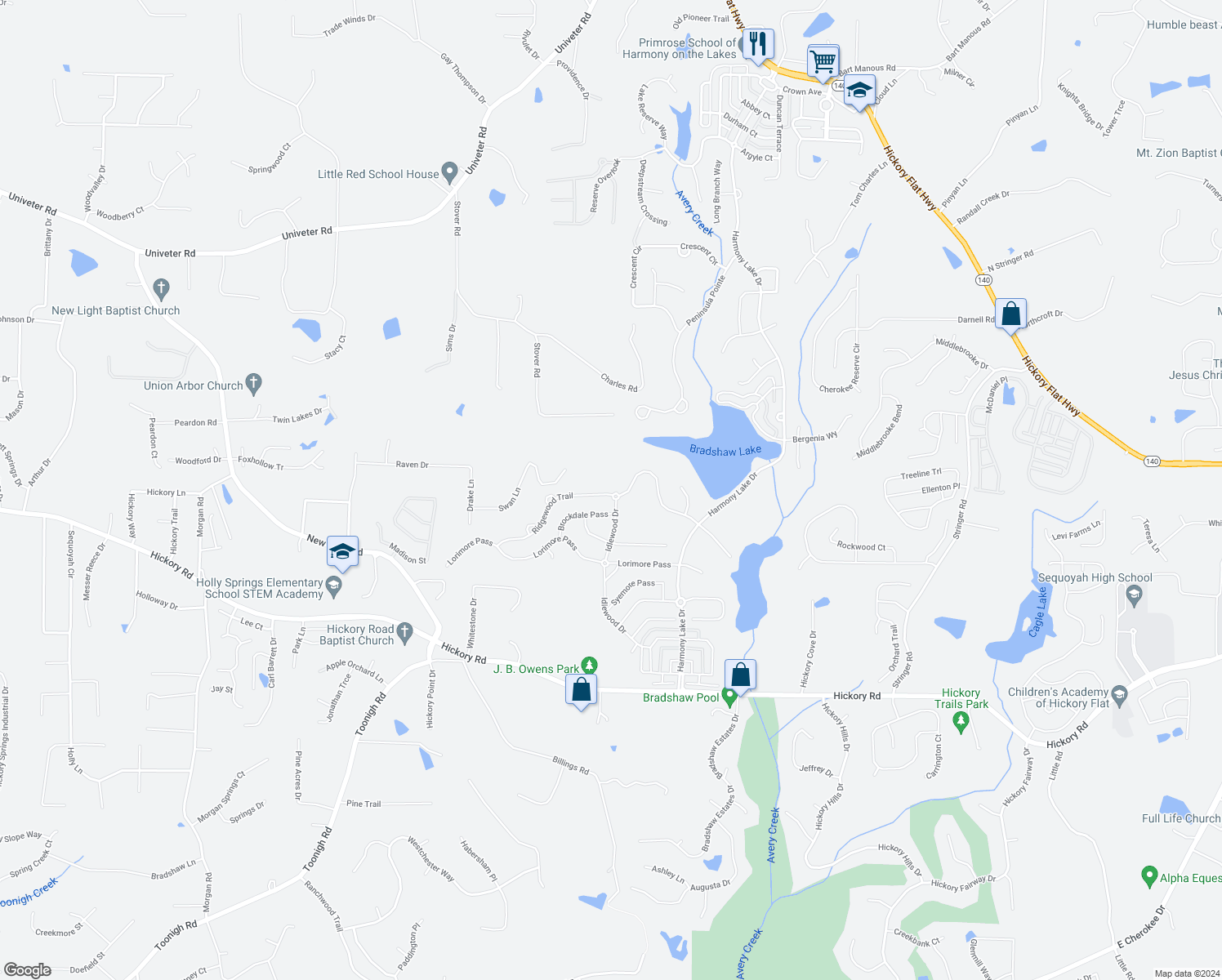 map of restaurants, bars, coffee shops, grocery stores, and more near 304 Ridgewood Trail in Canton