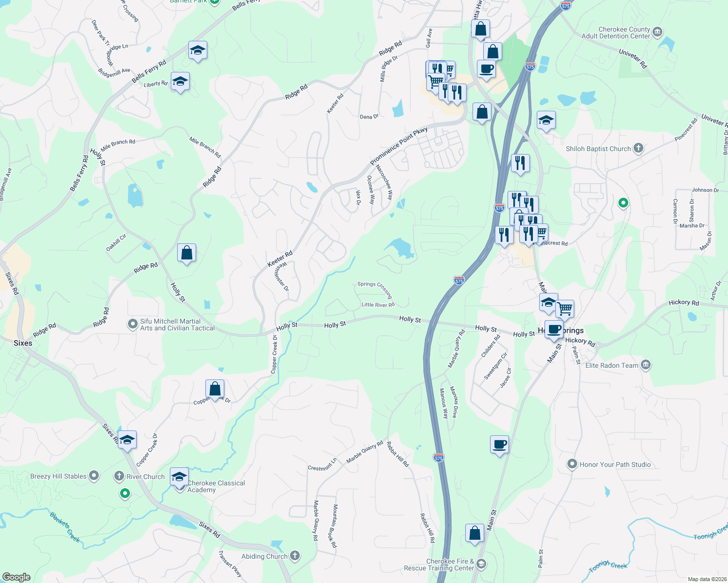 map of restaurants, bars, coffee shops, grocery stores, and more near 297 Springs Crossing in Canton