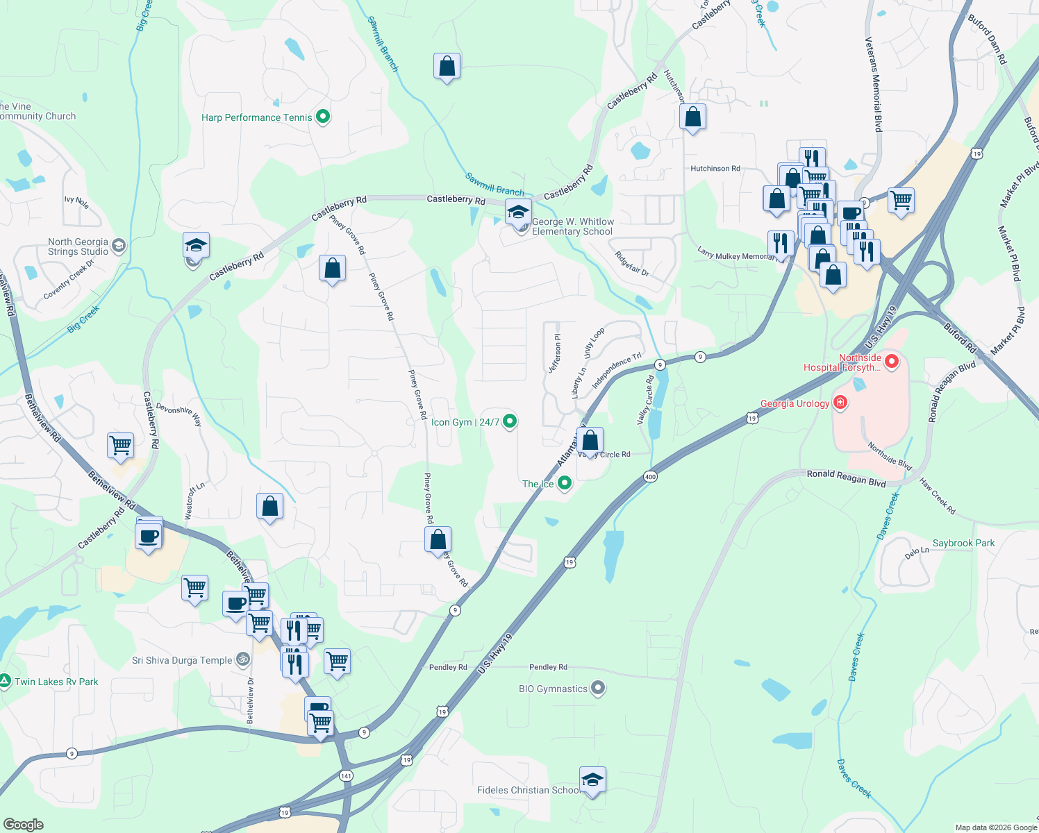 map of restaurants, bars, coffee shops, grocery stores, and more near 1595 Redi Rd in Cumming