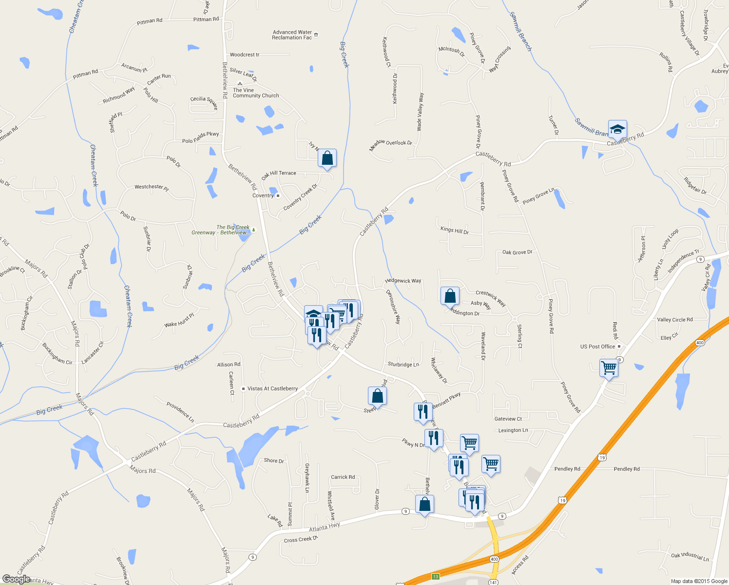 map of restaurants, bars, coffee shops, grocery stores, and more near 5120 Devonshire Way in Cumming