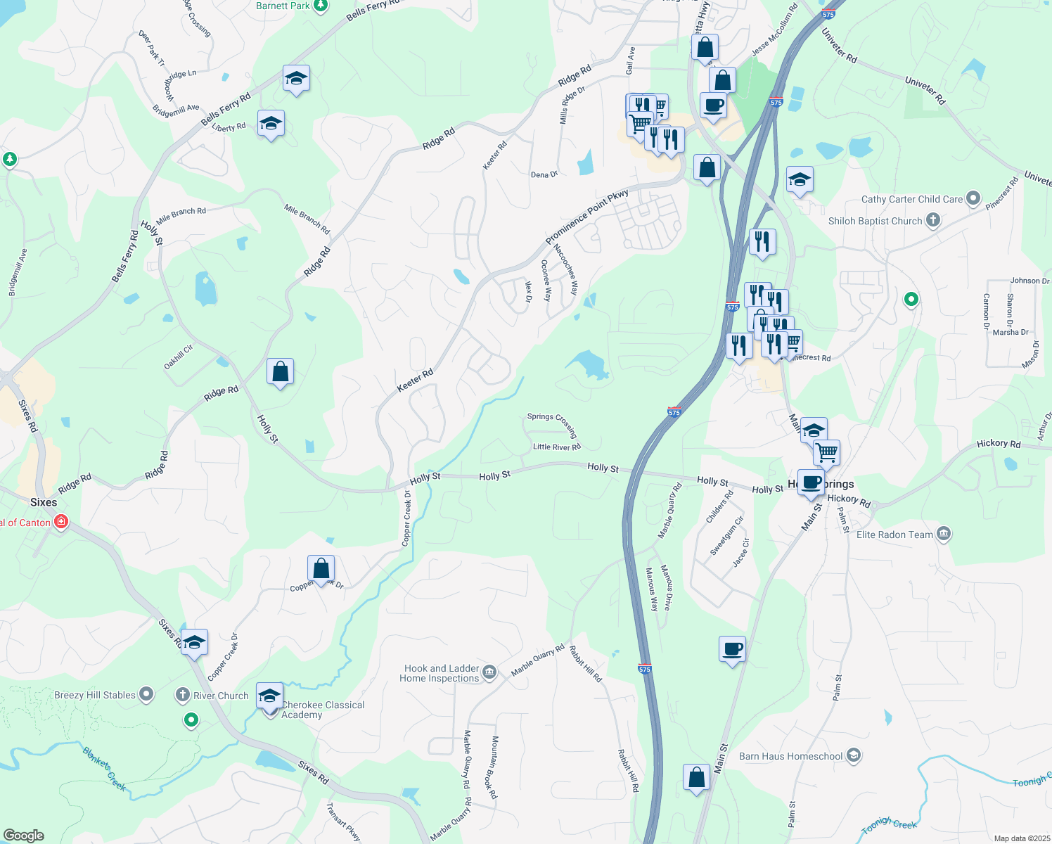 map of restaurants, bars, coffee shops, grocery stores, and more near 297 Springs Crossing in Canton