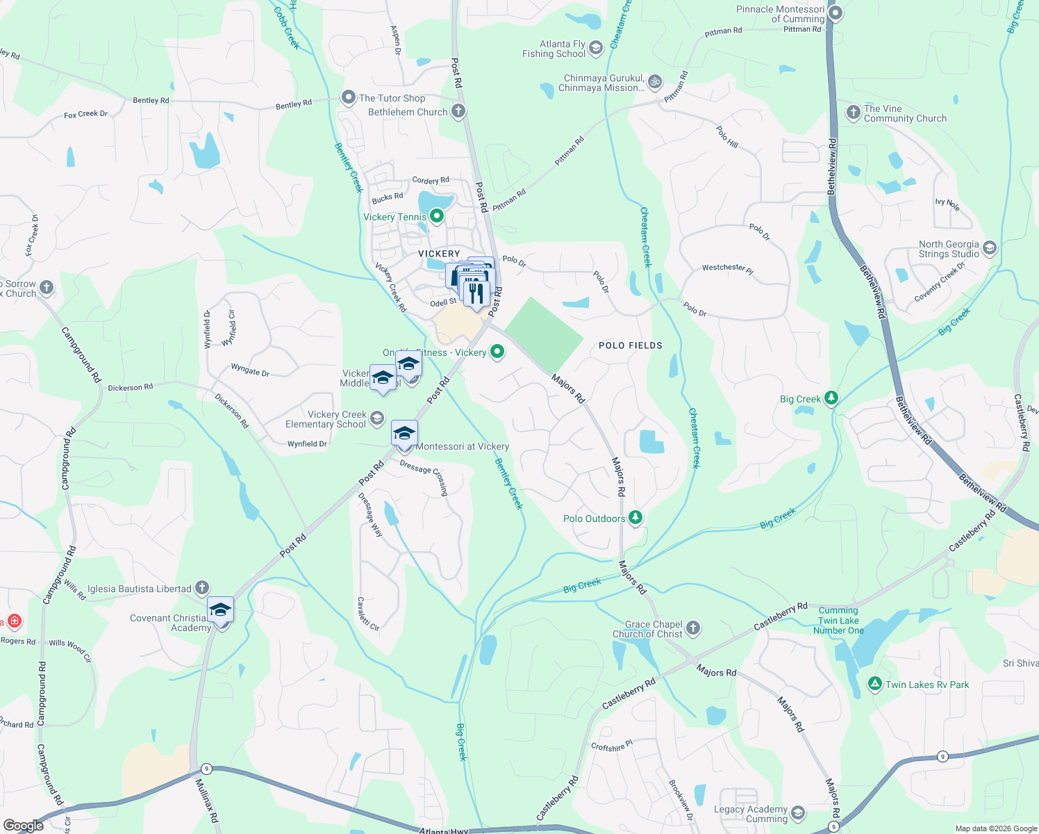 map of restaurants, bars, coffee shops, grocery stores, and more near 6590 Newcastle Way in Cumming