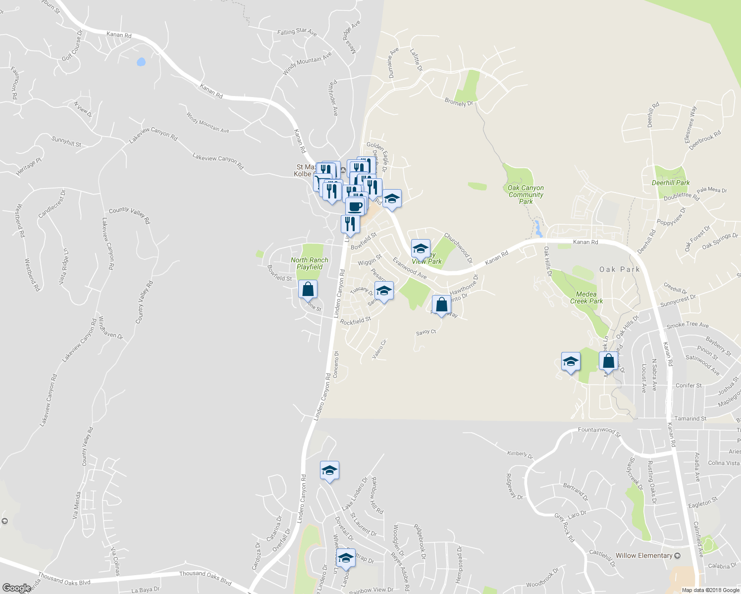 map of restaurants, bars, coffee shops, grocery stores, and more near 4862 Martona Drive in Oak Park
