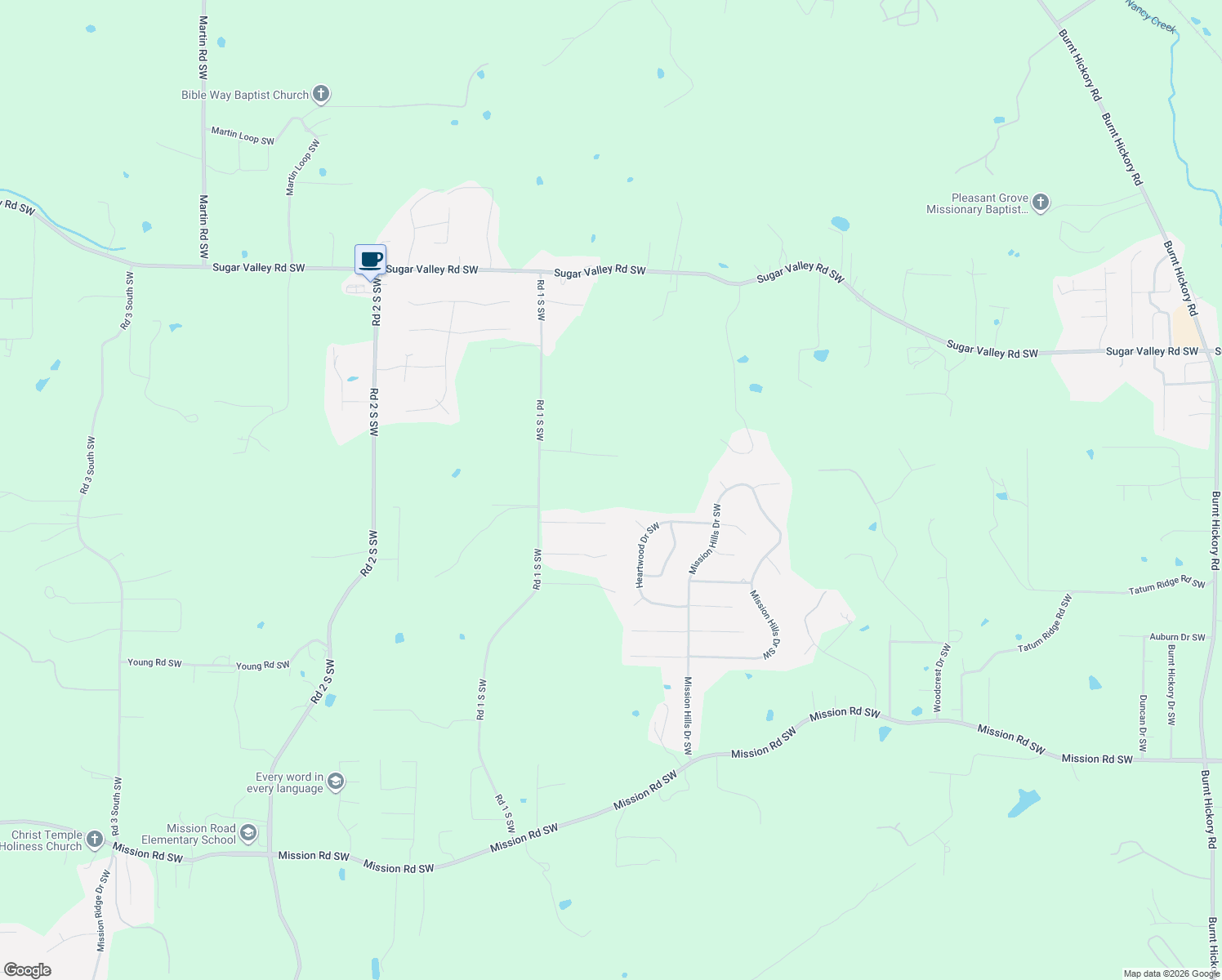 map of restaurants, bars, coffee shops, grocery stores, and more near 52 Shady Valley Drive Southwest in Cartersville