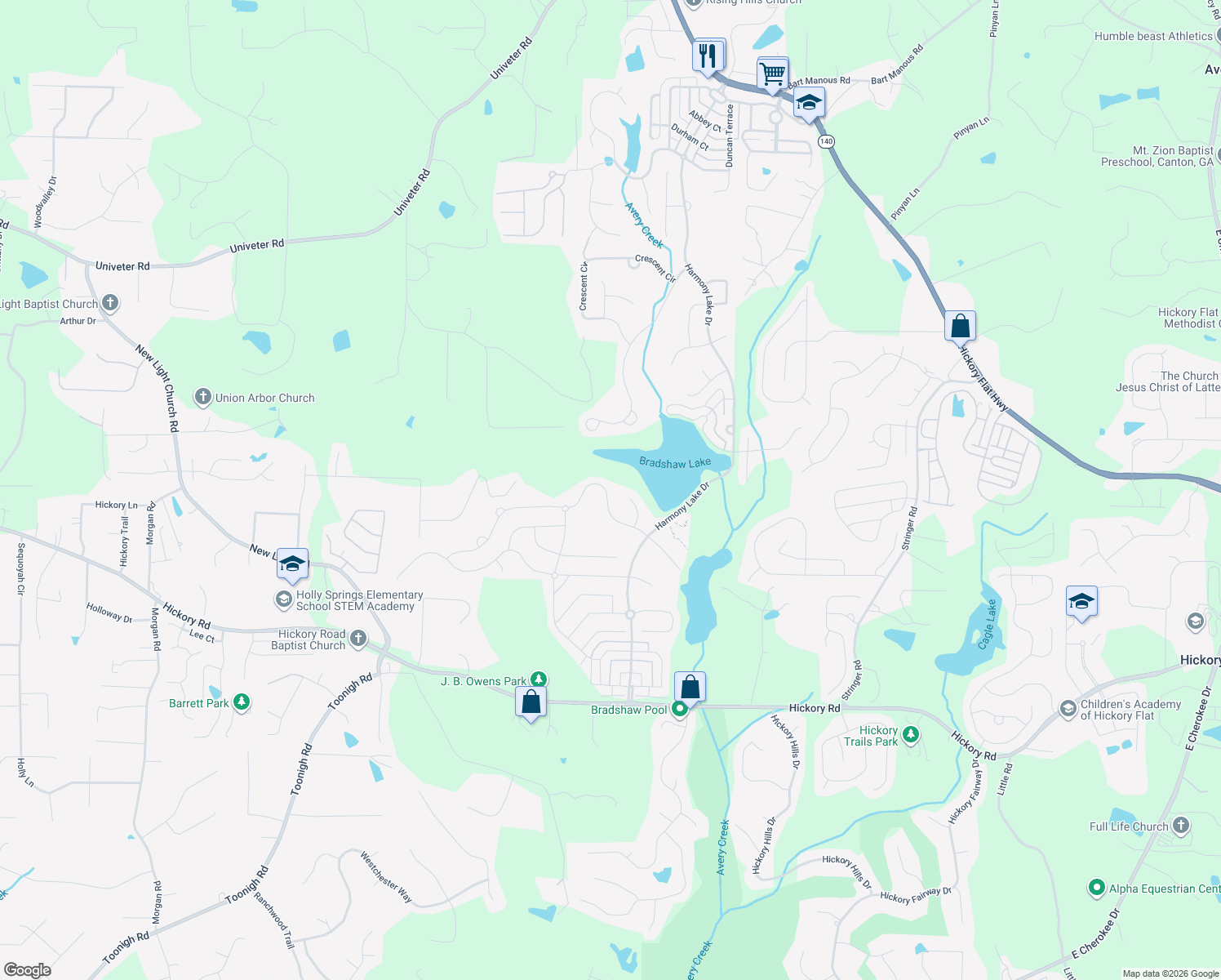 map of restaurants, bars, coffee shops, grocery stores, and more near 136 Edgewater Trail in Canton