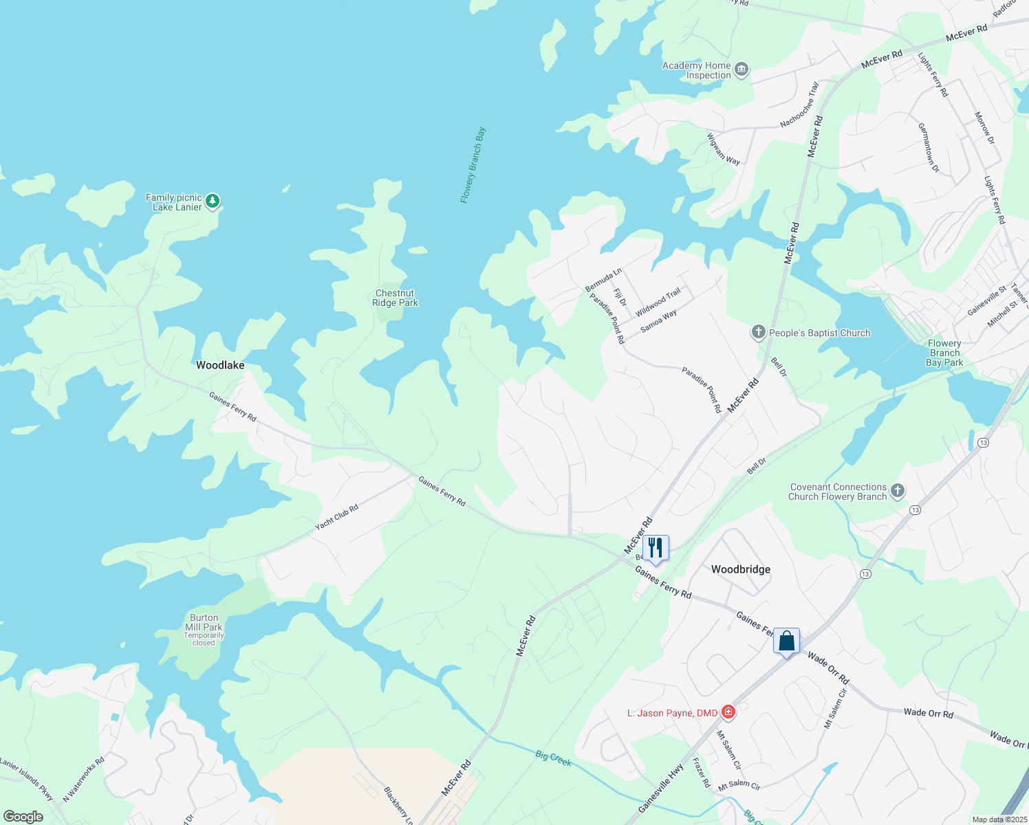 map of restaurants, bars, coffee shops, grocery stores, and more near 6371 Chestnut Hill Road in Flowery Branch