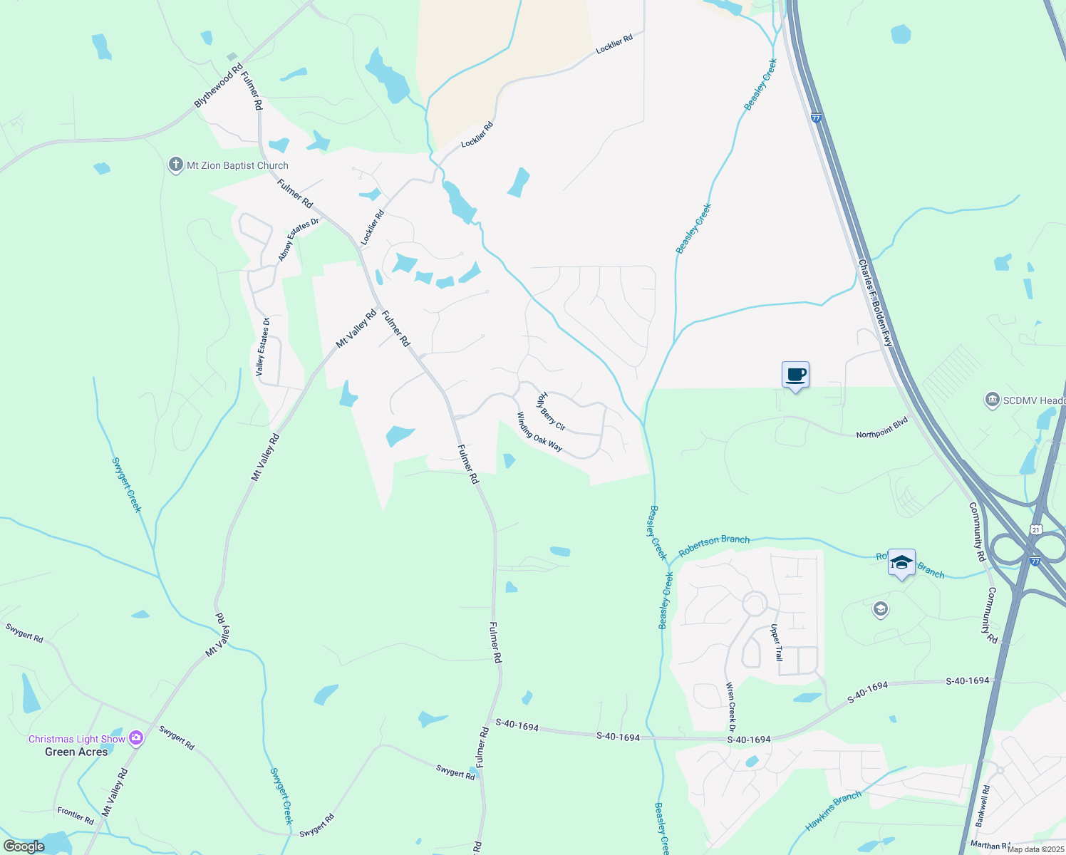 map of restaurants, bars, coffee shops, grocery stores, and more near 211 Winding Oak Way in Blythewood