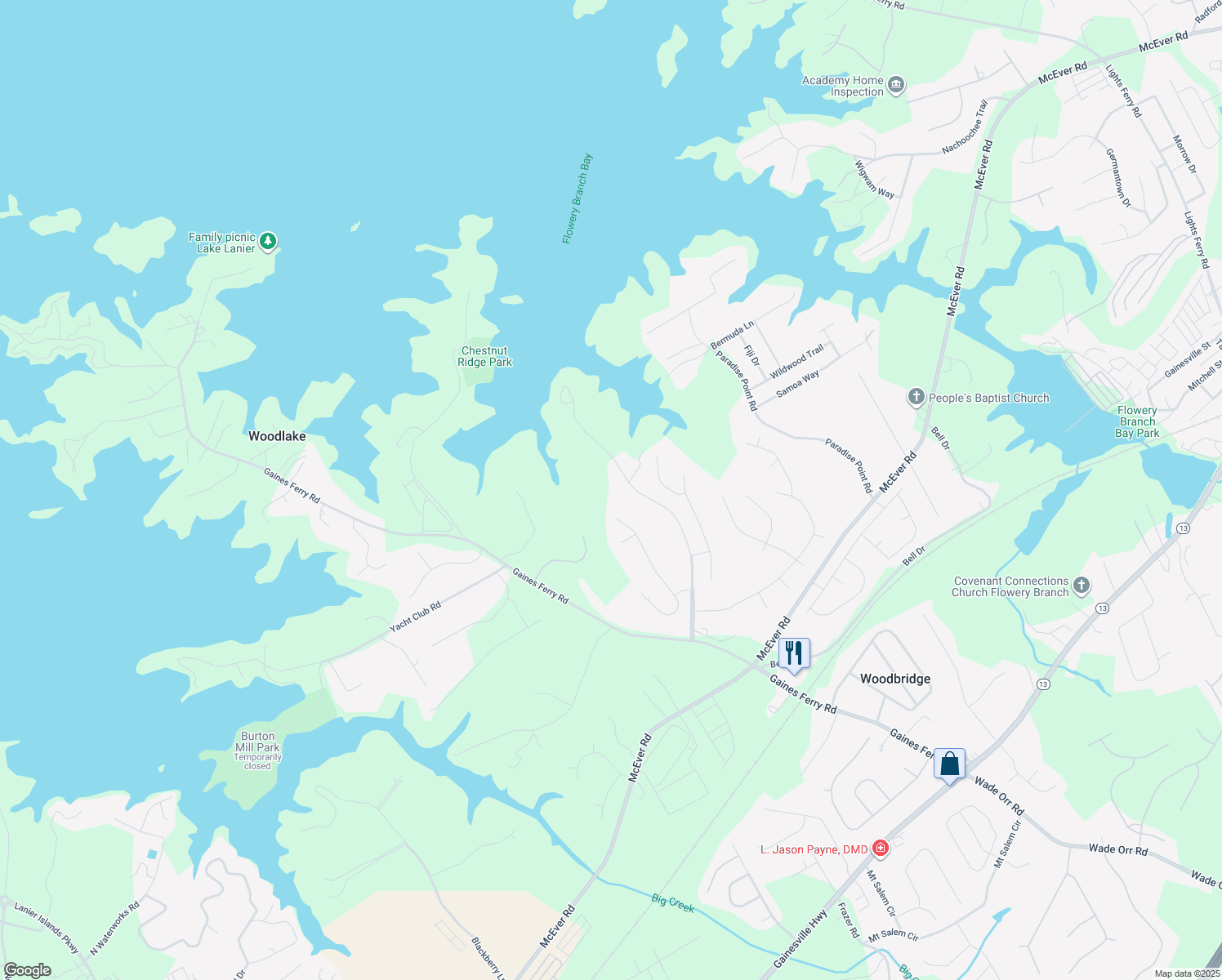 map of restaurants, bars, coffee shops, grocery stores, and more near 6371 Chestnut Hill Road in Flowery Branch