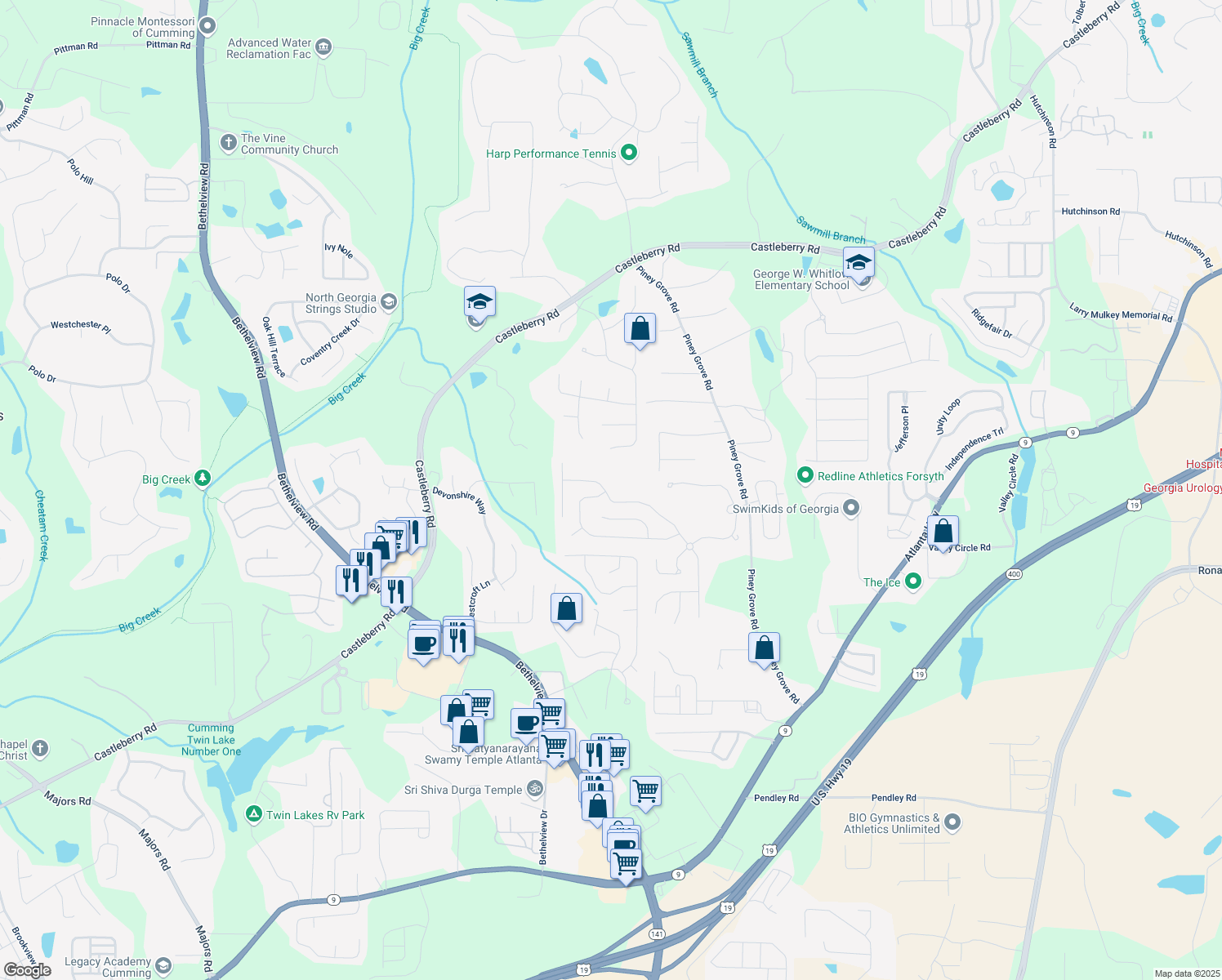 map of restaurants, bars, coffee shops, grocery stores, and more near 5880 Crestwick Way in Cumming