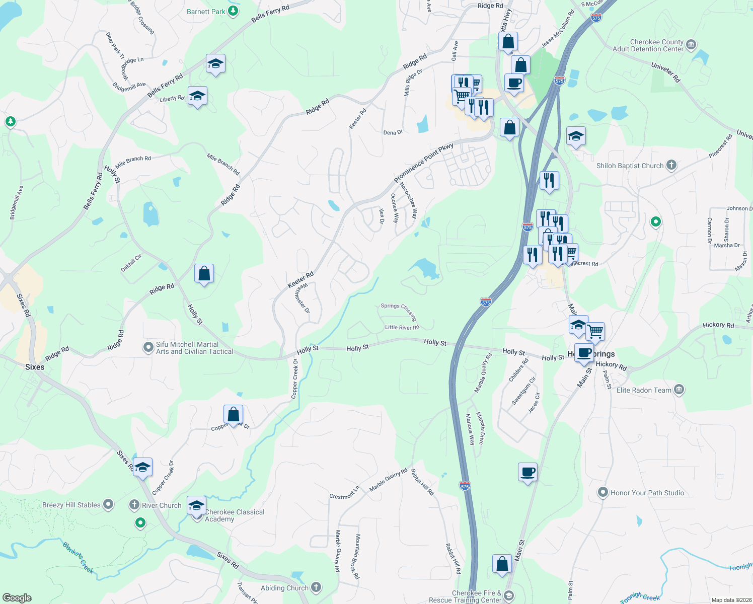map of restaurants, bars, coffee shops, grocery stores, and more near 297 Springs Crossing in Canton