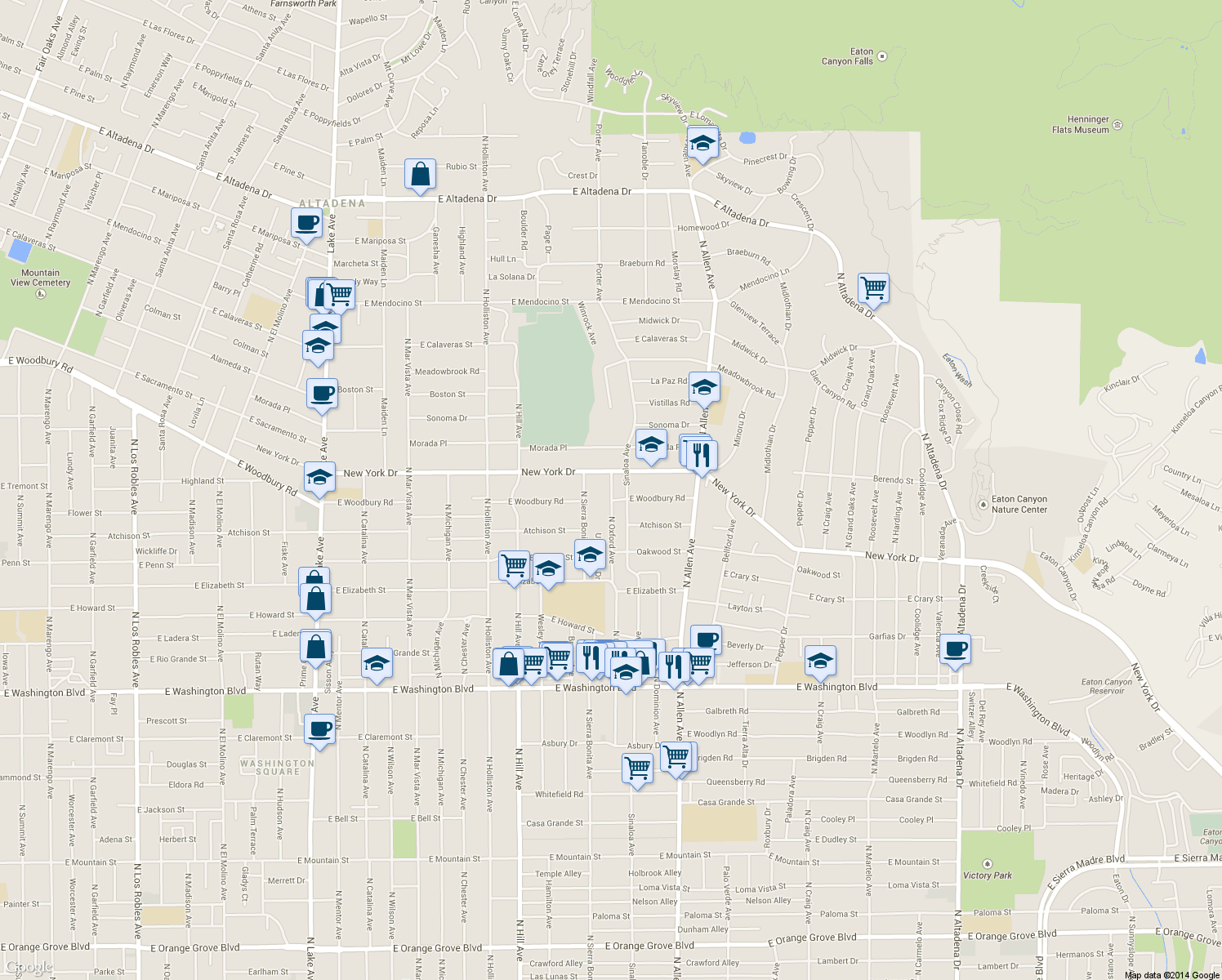 map of restaurants, bars, coffee shops, grocery stores, and more near 1835 North Oxford Avenue in Pasadena