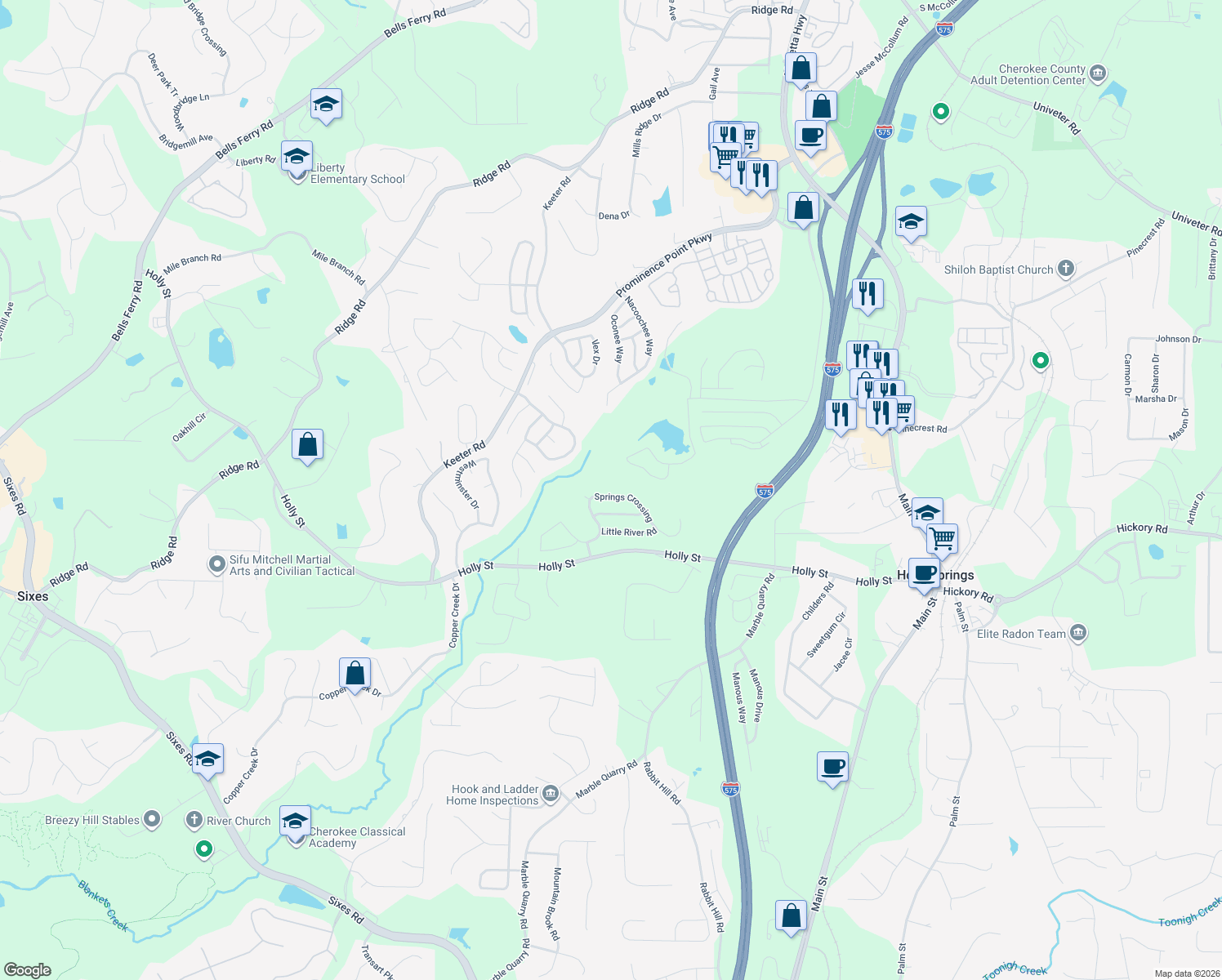 map of restaurants, bars, coffee shops, grocery stores, and more near 305 Springs Crossing in Canton