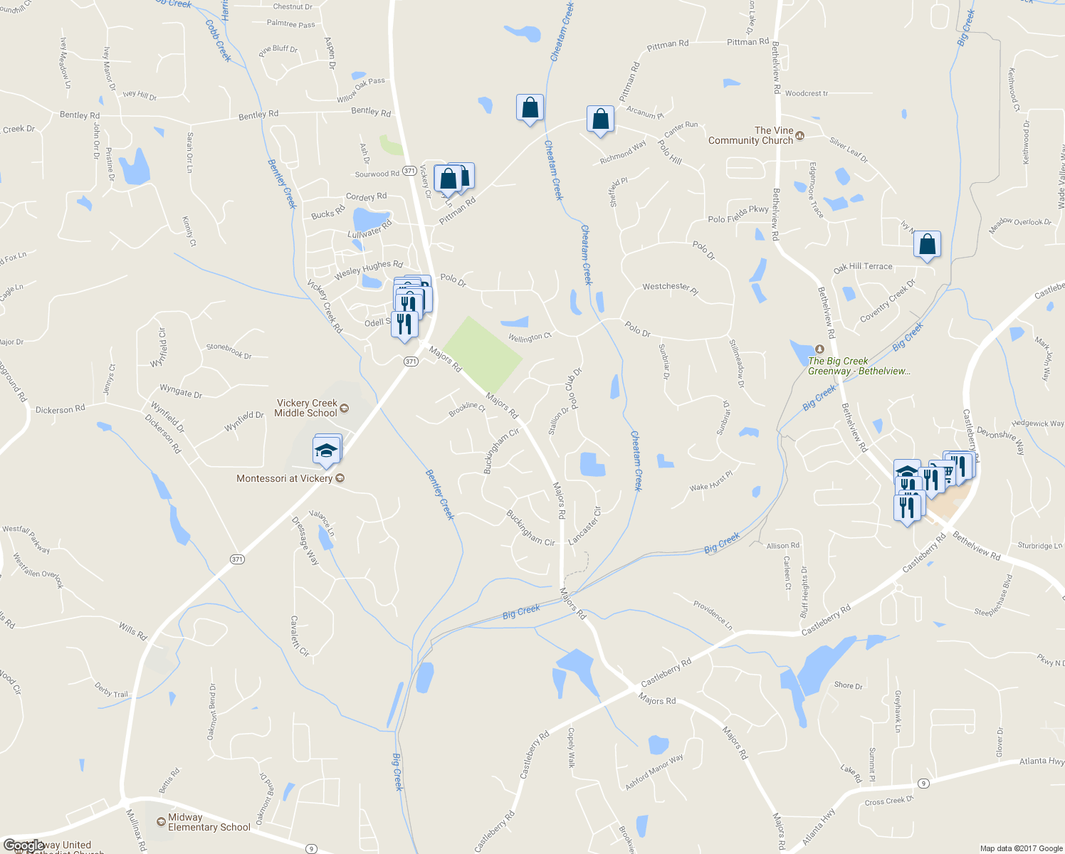 map of restaurants, bars, coffee shops, grocery stores, and more near 6365 Buckingham Place in Cumming