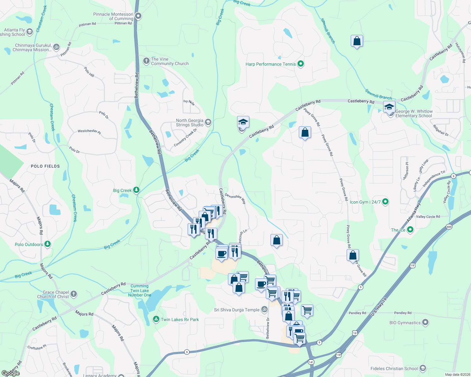 map of restaurants, bars, coffee shops, grocery stores, and more near 5230 Millsford Ct in Cumming