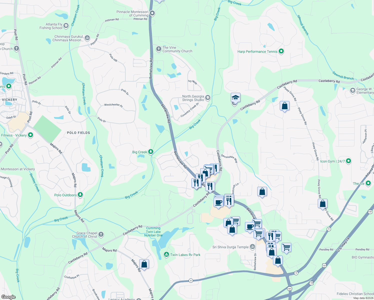 map of restaurants, bars, coffee shops, grocery stores, and more near 5745 Blair Valley Run in Cumming