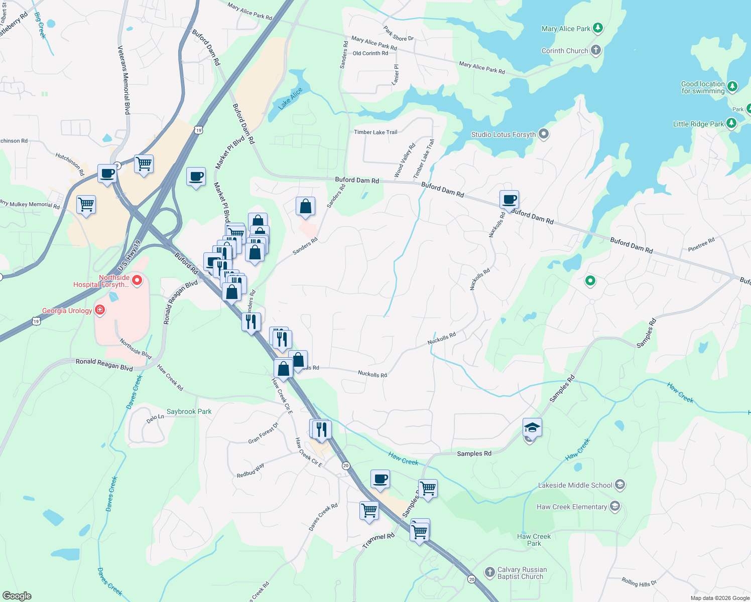 map of restaurants, bars, coffee shops, grocery stores, and more near 1315 Willow Park Way in Cumming