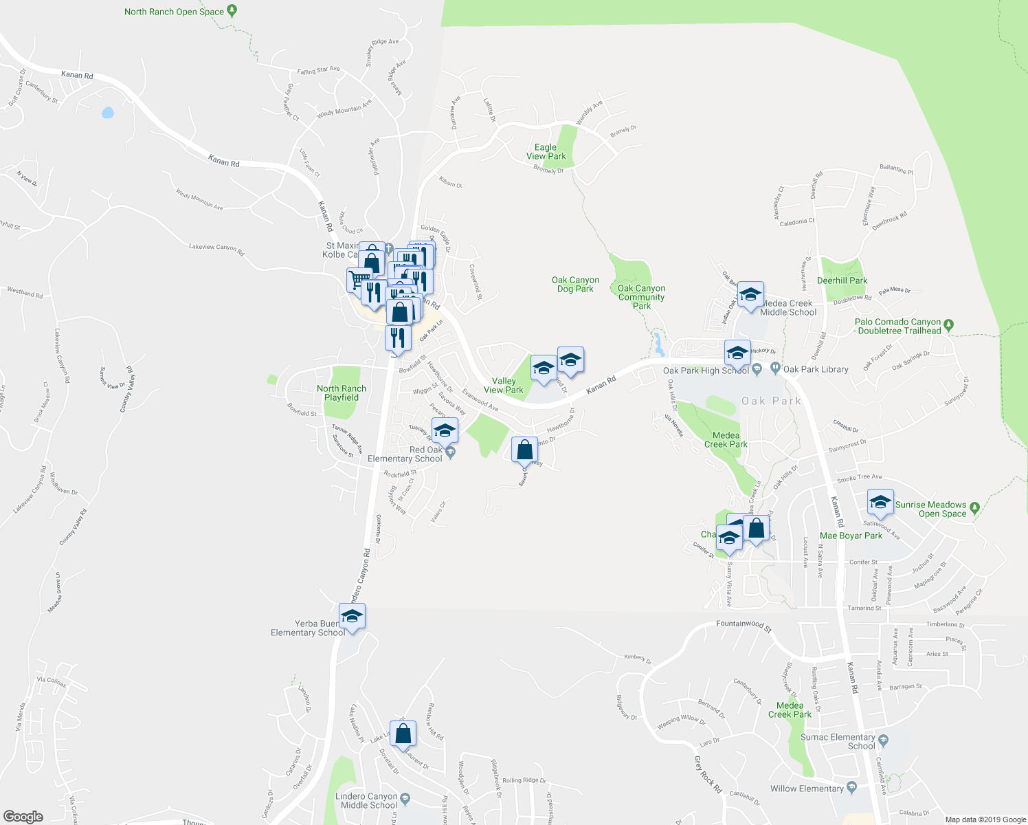 map of restaurants, bars, coffee shops, grocery stores, and more near 5235 Evanwood Avenue in Oak Park