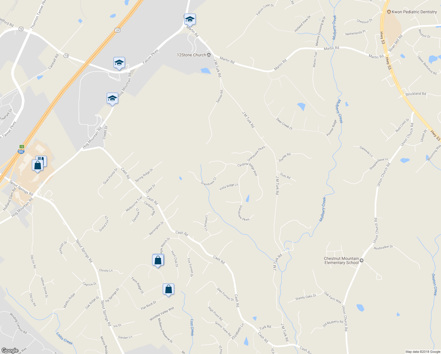 map of restaurants, bars, coffee shops, grocery stores, and more near 4823 Grandview Court in Flowery Branch